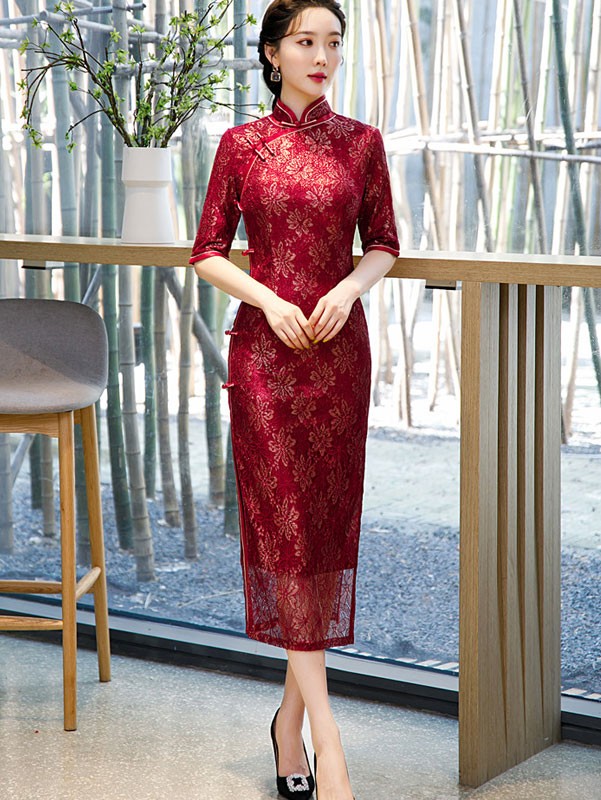Purple Red Floral Lace Mothers Full Cheongsam / Qipao Dress