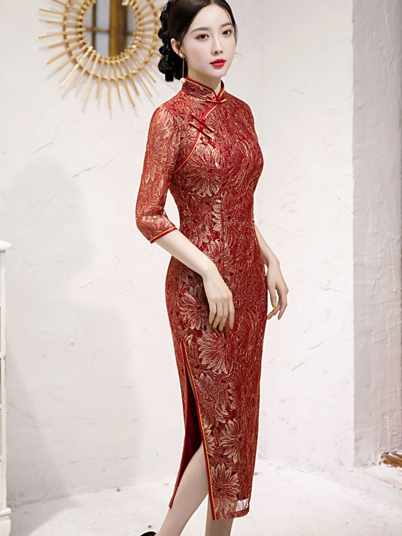 Red Lace Bridal Mothers Wedding Cheongsam / Qipao Dress