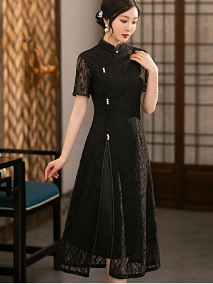 Black Floral Lace A-Line Mid Qipao / Cheongsam Dress