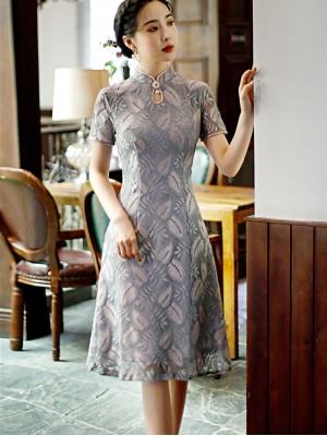 Gray Floral Lace A-Line Qipao / Cheongsam Dress