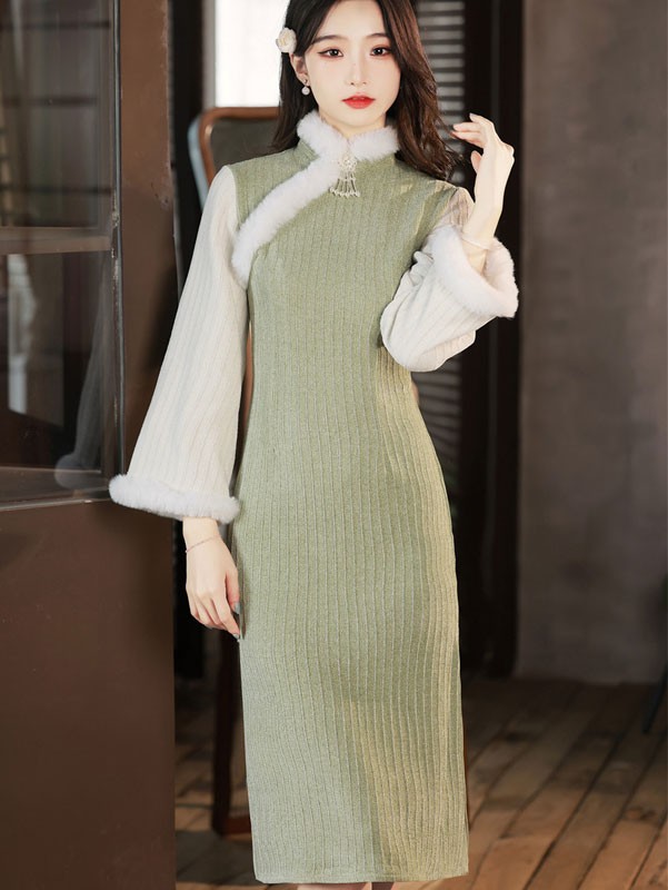 Green Chenill Stripe Winter Cheongsam / Qipao Dress