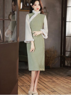 Green Chenille Stripe Winter Cheongsam / Qipao Dress