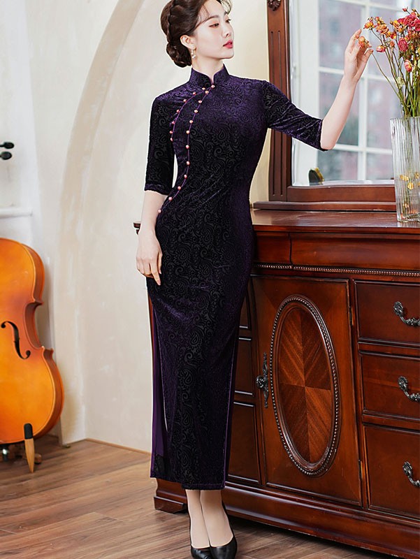 Purple Red Floral Velvet Full Qipao / Cheongsam Dress