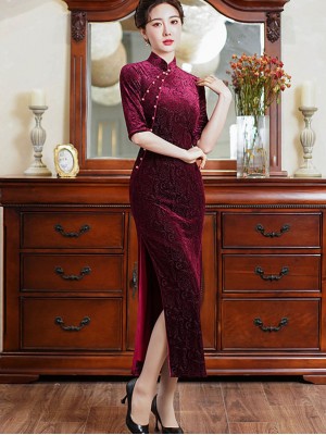 Purple Red Floral Velvet Full Qipao / Cheongsam Dress