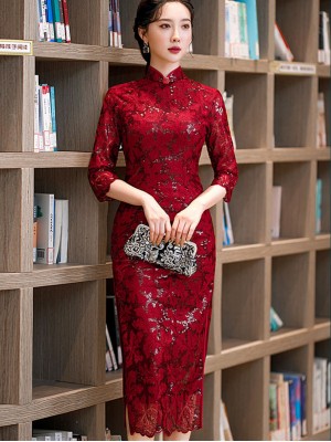 Red Sequined Jacquard Bridal Mothers Cheongsam / Qipao Dress