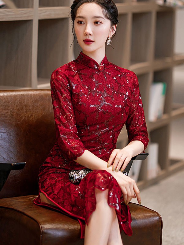 Red Sequined Jacquard Bridal Mothers Cheongsam / Qipao Dress