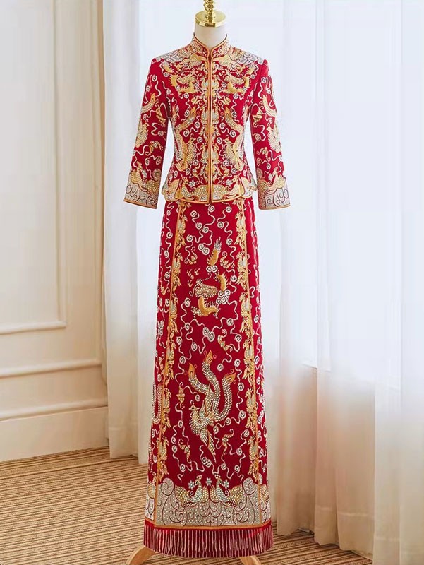 Beaded Embroidered Dragon Phoenix Bridal Wedding Qun Kwa Beaded Embroidered Dragon Phoenix Bridal Wedding Qun Kwa