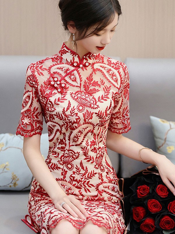 Red Illusion Embroidered Floral Bridal Wedding Qipao / Cheongsam Dress