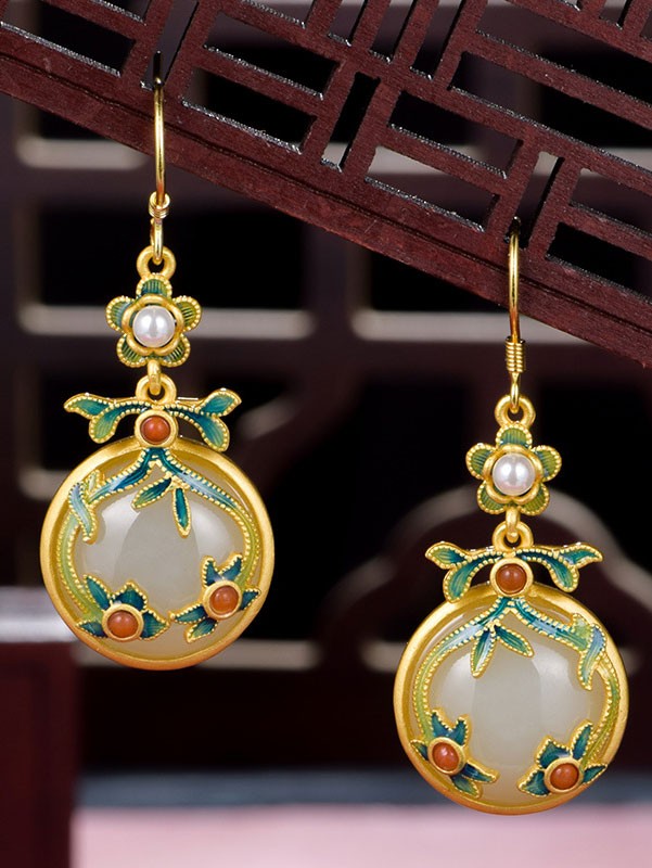 Vintage Colored Enamel Jade Drop Dangle Earrings