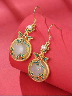 Vintage Colored Enamel Jade Drop Dangle Earrings