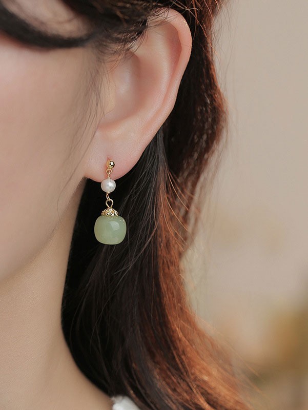 Green Jade Pearl Drop Dangle Earrings