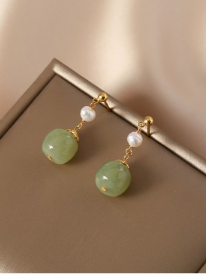 Green Jade Pearl Drop Dangle Earrings