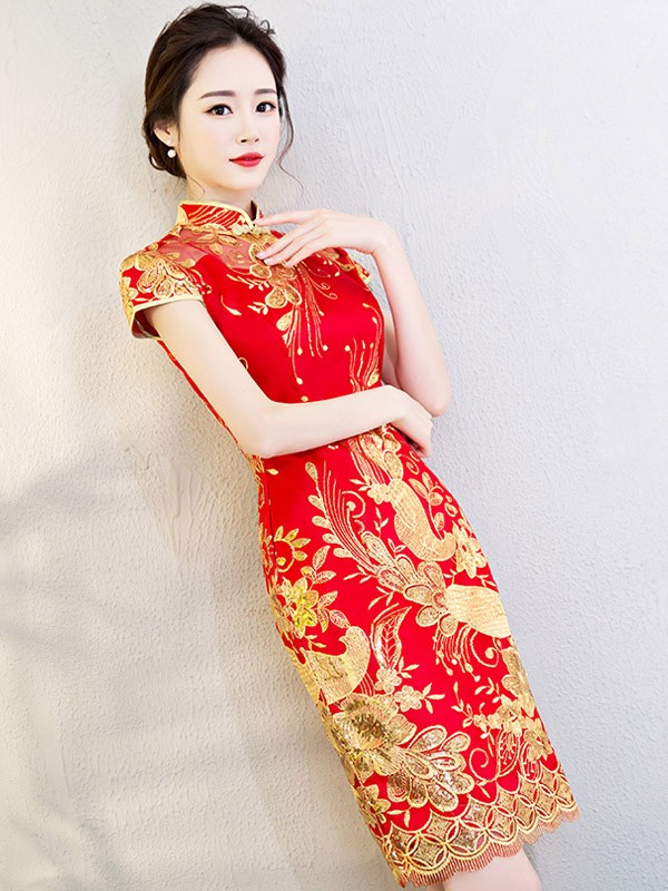 Red Embroidered Mesh Overlay Qipao / Cheongsam Wedding Dress