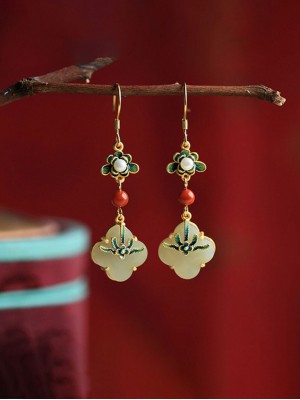 Vintage Colored Enamel Clover Jade Drop Dangle Earrings