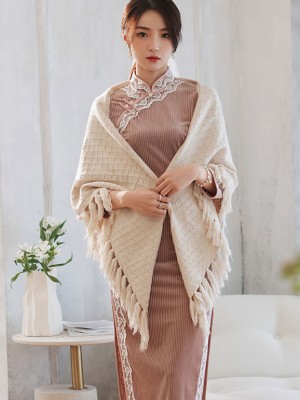 Beige Red Grid Winter Shawl Wrap Scarf with Tassels