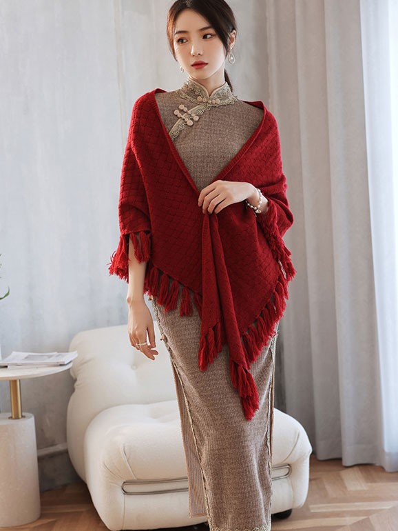 Beige Red Grid Winter Shawl Wrap Scarf with Tassels