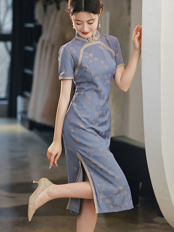 Blue Jacquard Mid Tea Qipao / Cheongsam Dress