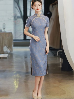 Blue Jacquard Mid Tea Qipao Cheongsam Dress