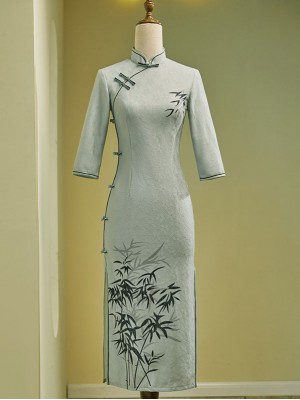 Blue Lace Bamboo Print Mid Tea Qipao Cheongsam Dress