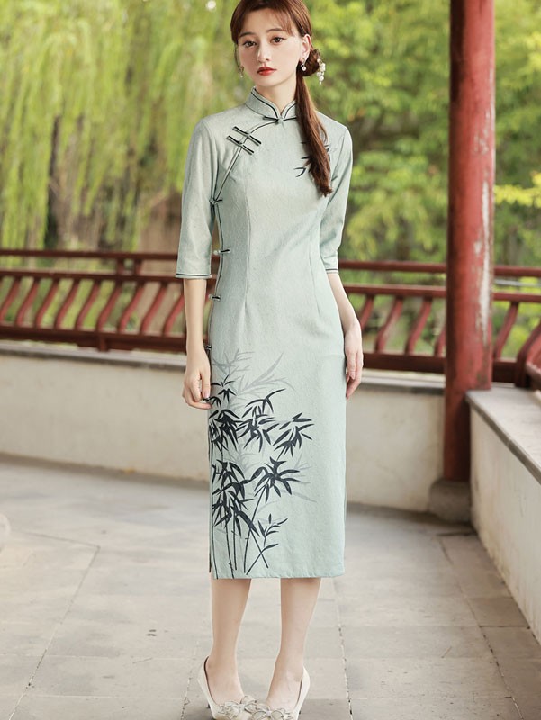 Blue Lace Bamboo Print Mid Tea Qipao / Cheongsam Dress