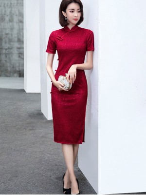 Burgundy Lace Mid Cheongsam Qipao Dress