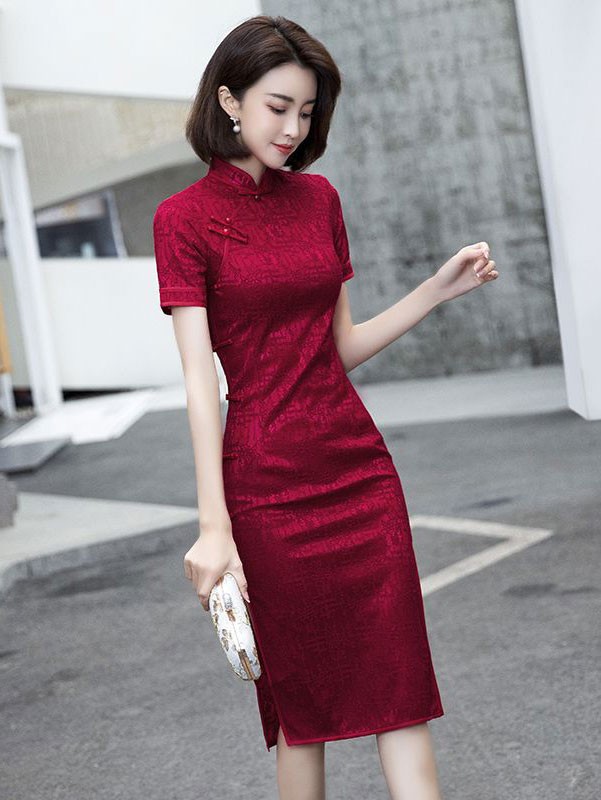 Burgundy Lace Mid Cheongsam / Qipao Dress