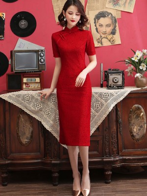 Dark Red Floral Lace Mid Cheongsam Qipao Dress
