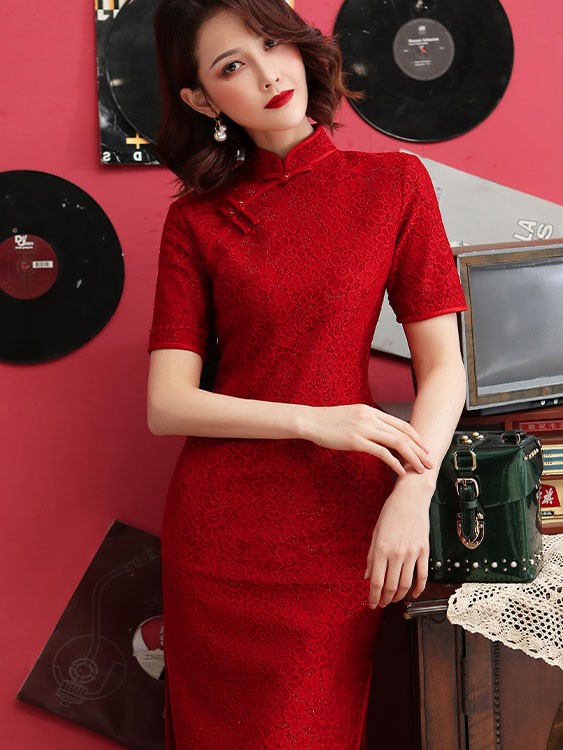 Dark Red Floral Lace Mid Cheongsam / Qipao Dress