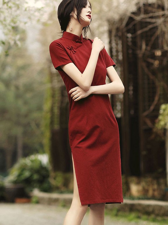 Red Linen Mid Summer Qipao / Cheongsam Dress