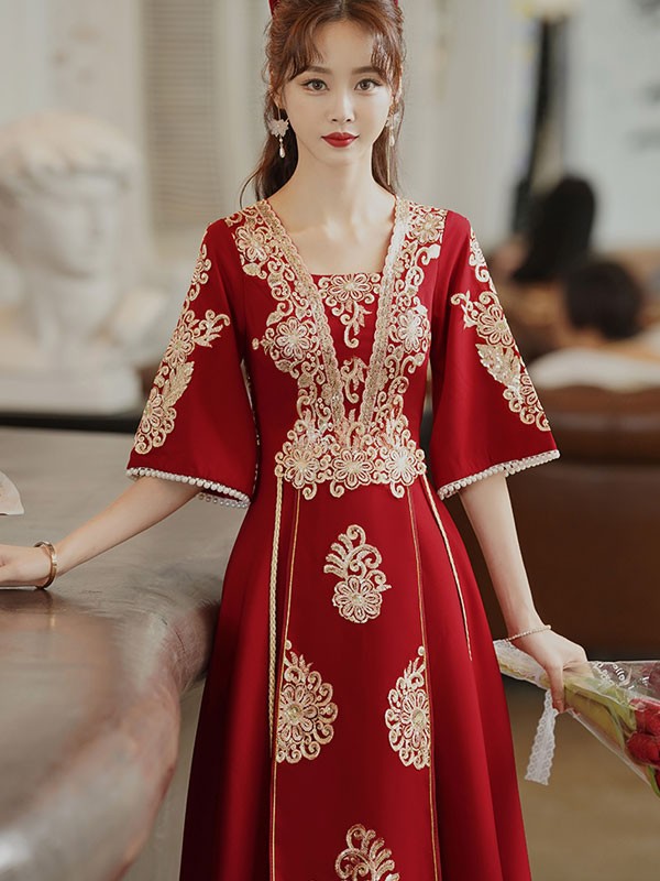 Square Neck A-Line Qipao / Cheongsam Wedding Dress