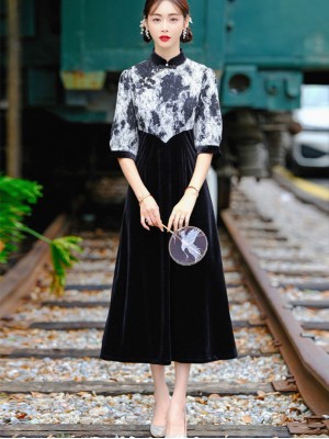 Black Colorblocked Velvet Winter Cheongsam Qipao Dress
