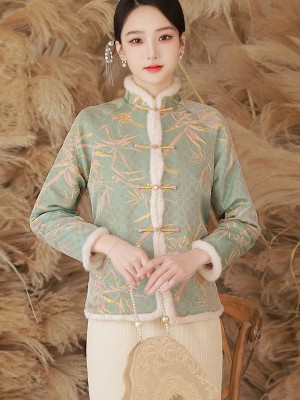 Blue Beige Fur Trim Jacquard Women Qipao Tang Coat