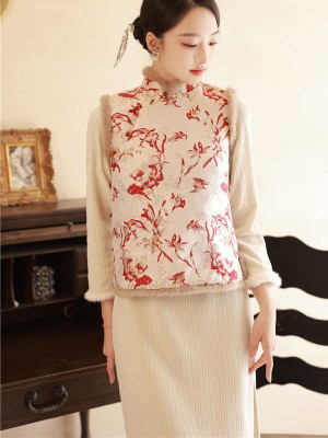 Two Pieces Knit Winter Cheongsam Dress and Floral Waistcoat