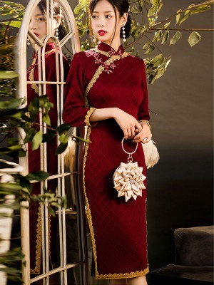 Red Black Knitted Mid Winter Qipao Cheongsam Dress