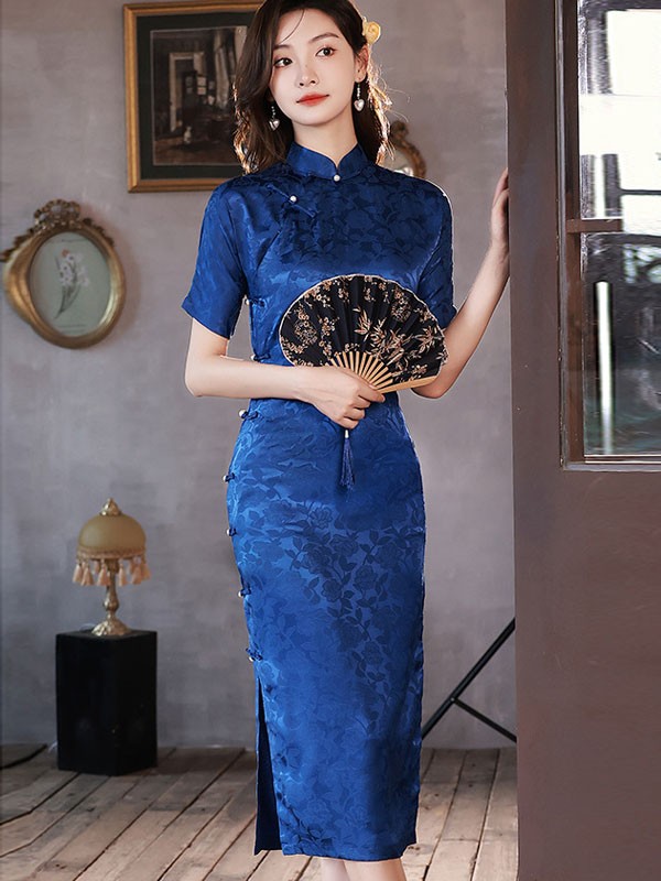 Royal Blue Jacquard Tea Length Qipao / Cheongsam Dress