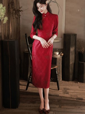 2023 Red Lace Tea Length Wedding Qipao Cheongsam Dress