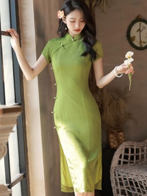 2023 Green Jacquard Bamboo Mid Qipao Cheongsam Dress