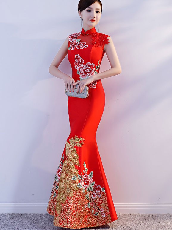Embroidered Phoenix Fishtail Wedding Qipao Cheongsam Dress