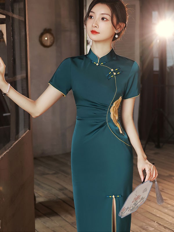 Green Embroidered Thigh Split Qipao / Cheongsam Dress