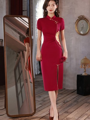 Red Embroidered Thigh Split Wedding Qipao Cheongsam Dress