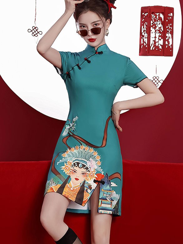 Blue Peking Opera Print Cheongsam / Qipao Dress
