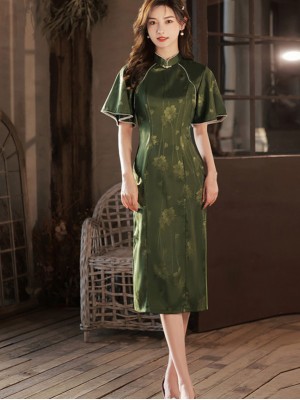 Green Floral Flutter Sleeve Mid Qipao Cheongsam Dress