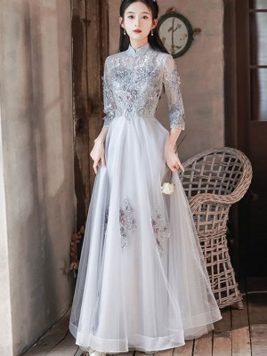 Grey Appliques Tulle Full Qipao Cheongsam Dress