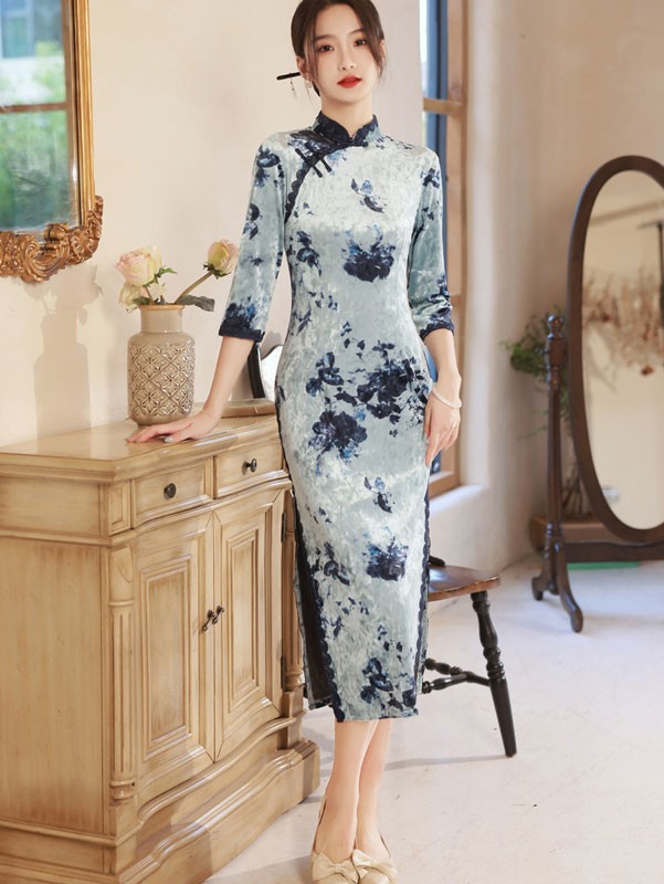 Blue Champagne Floral Velvet Qipao / Cheongsam Dress