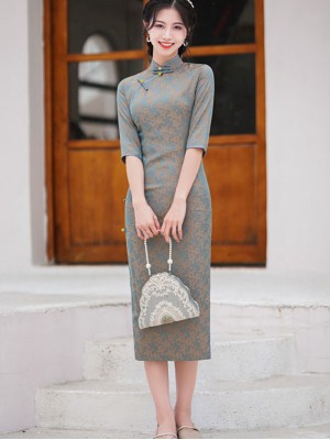 Blue Pink Jacquard Mid Tea Qipao Cheongsam Dress