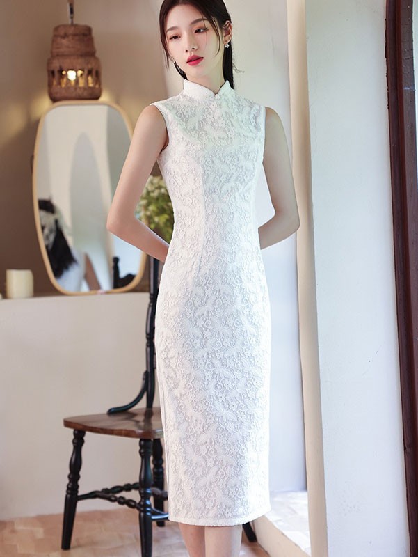 2023 White Lace Mid Qipao / Cheongsam Dress with Shawl