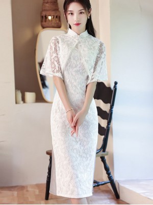 2023 White Lace Mid Qipao Cheongsam Dress with Shawl