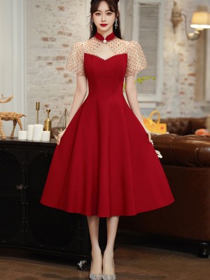 Burgundy Cutout  A-Line Puff Sleeve Wedding Qipao Cheongsam Dress