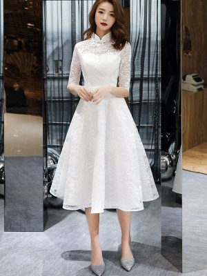 White Lace A-Line Mid Tea Qipao Cheongsam Dress