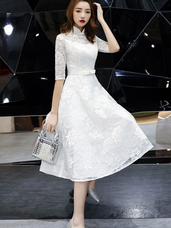 White Lace A-Line Mid Tea Qipao / Cheongsam Dress